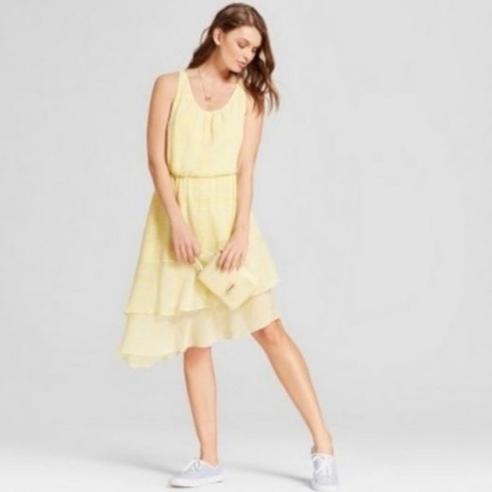 EUC A New Day Yellow Gingham Asymmetrical Dress. Double Ruffled Hem. Size XL.